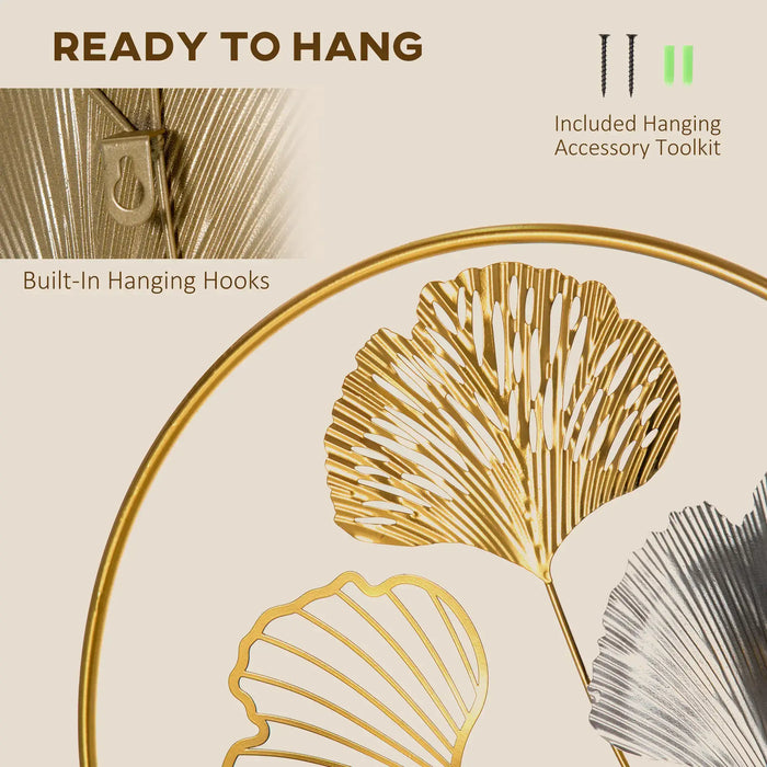 Decorative wall art with gold leaf design and text indicating built-in hanging hooks and toolkit.