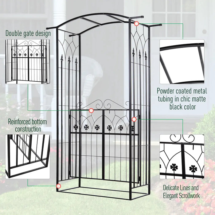 Garden Arch Gate Matte Black | Two Doors and Side Trellis for Elegant Garden Entrance - Little and Giant Explorers Outsunny