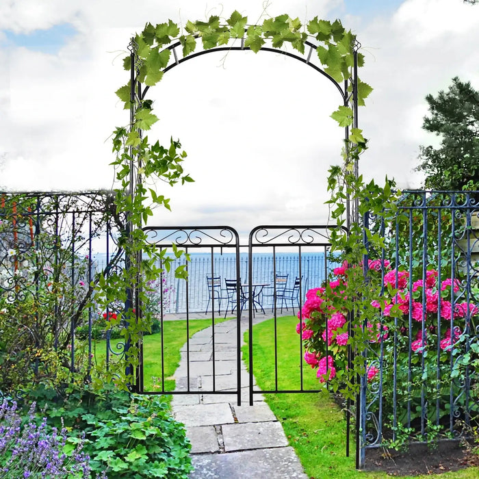 Metal Garden Arch Matte Black | Powder-Coated Steel with Two Gates and Side Trellis - Little and Giant Explorers Outsunny