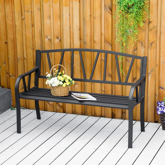 Metal Garden Bench – Black | Two Seater Outdoor Bench with High Back and Armrests OUTSUNNY