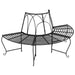 Black metal half-round outdoor tree bench with decorative backrest and curved legs