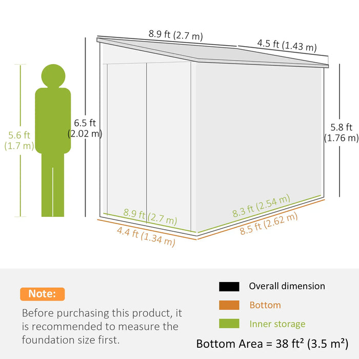 Garden Shed Grey Galvanised Steel | Lean-To Design with Double Doors - Little and Giant Explorers Outsunny