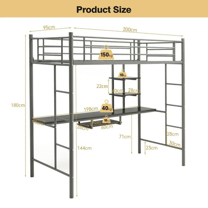 Metal Loft Bed with Desk and Shelves – Grey | Space-Saving High Sleeper Bed Frame COSTWAY - Little and Giant Explorers