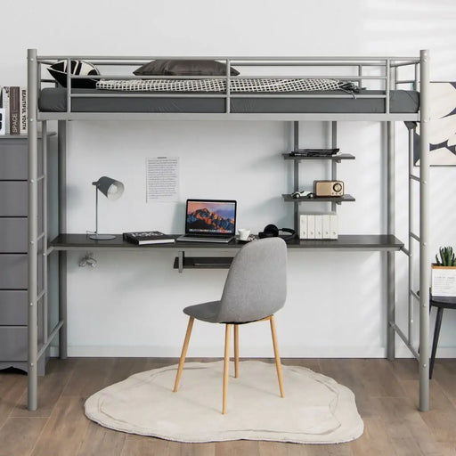 Metal Loft Bed with Desk and Shelves – Grey | Space-Saving High Sleeper Bed Frame COSTWAY - Little and Giant Explorers