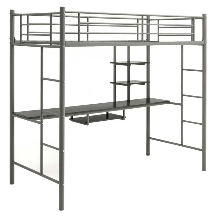Metal Loft Bed with Desk and Shelves – Grey | Space-Saving High Sleeper Bed Frame COSTWAY - Little and Giant Explorers