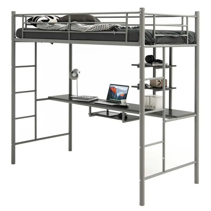 Metal Loft Bed with Desk and Shelves – Grey | Space-Saving High Sleeper Bed Frame COSTWAY - Little and Giant Explorers