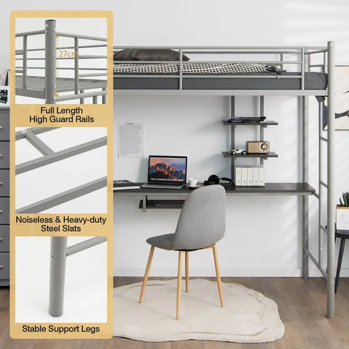 Metal Loft Bed with Desk and Shelves – Grey | Space-Saving High Sleeper Bed Frame COSTWAY - Little and Giant Explorers