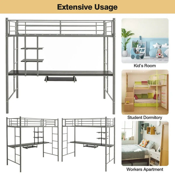 Metal Loft Bed with Desk and Shelves – Grey | Space-Saving High Sleeper Bed Frame COSTWAY - Little and Giant Explorers
