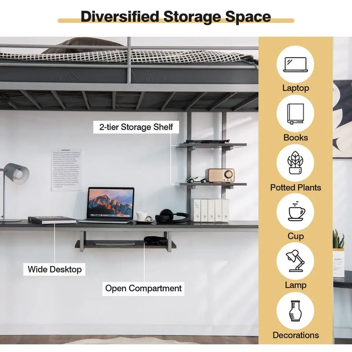 Metal Loft Bed with Desk and Shelves – Grey | Space-Saving High Sleeper Bed Frame COSTWAY - Little and Giant Explorers