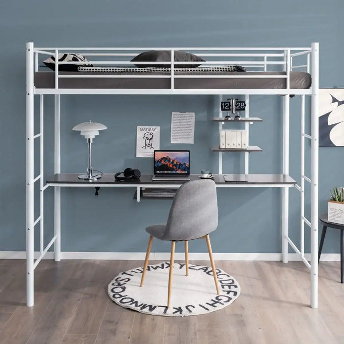 Metal Loft Bed with Desk and Shelves – White | Space-Saving High Sleeper Bed Frame COSTWAY - Little and Giant Explorers