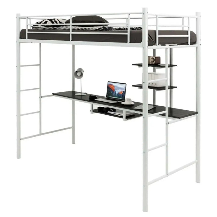 Metal Loft Bed with Desk and Shelves – White | Space-Saving High Sleeper Bed Frame COSTWAY - Little and Giant Explorers
