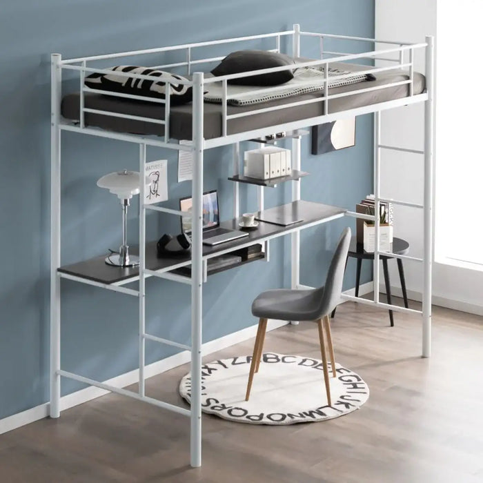 Metal Loft Bed with Desk and Shelves – White | Space-Saving High Sleeper Bed Frame COSTWAY - Little and Giant Explorers