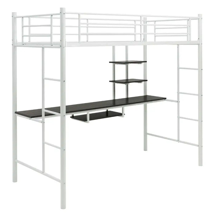 Metal Loft Bed with Desk and Shelves – White | Space-Saving High Sleeper Bed Frame COSTWAY - Little and Giant Explorers