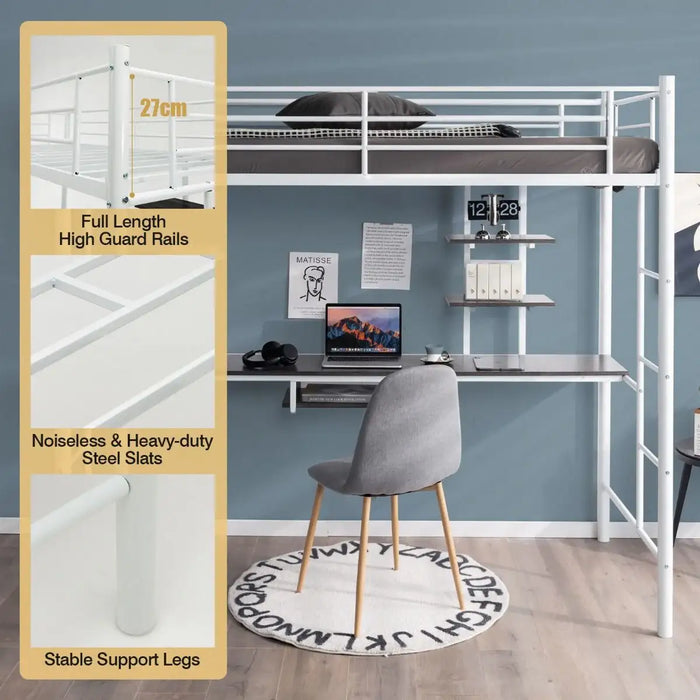 Metal Loft Bed with Desk and Shelves – White | Space-Saving High Sleeper Bed Frame COSTWAY - Little and Giant Explorers