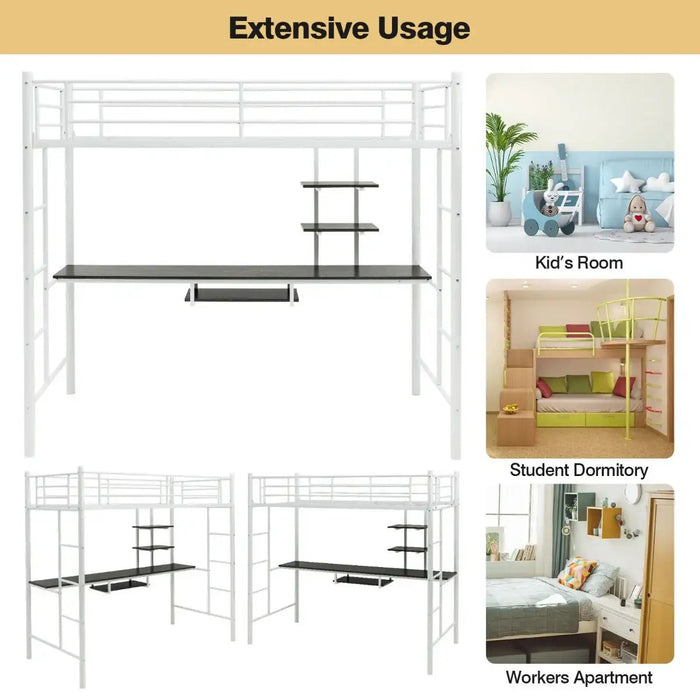 Metal Loft Bed with Desk and Shelves – White | Space-Saving High Sleeper Bed Frame COSTWAY - Little and Giant Explorers