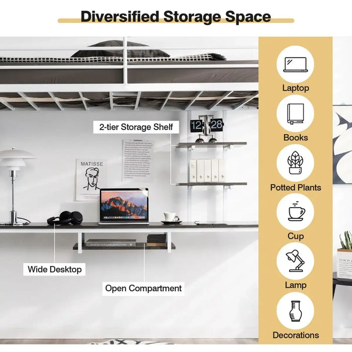Metal Loft Bed with Desk and Shelves – White | Space-Saving High Sleeper Bed Frame COSTWAY - Little and Giant Explorers