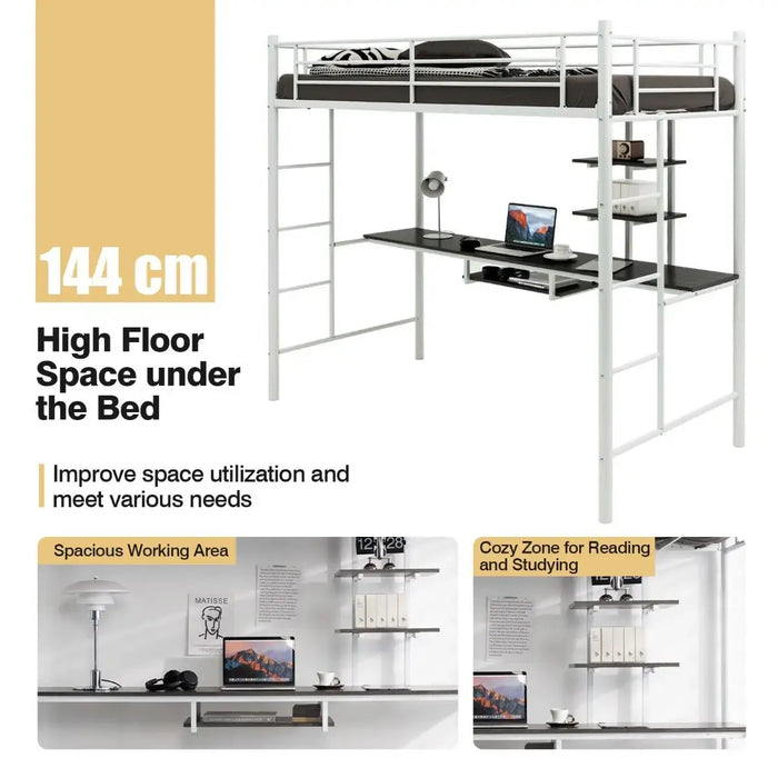 Metal Loft Bed with Desk and Shelves – White | Space-Saving High Sleeper Bed Frame COSTWAY - Little and Giant Explorers