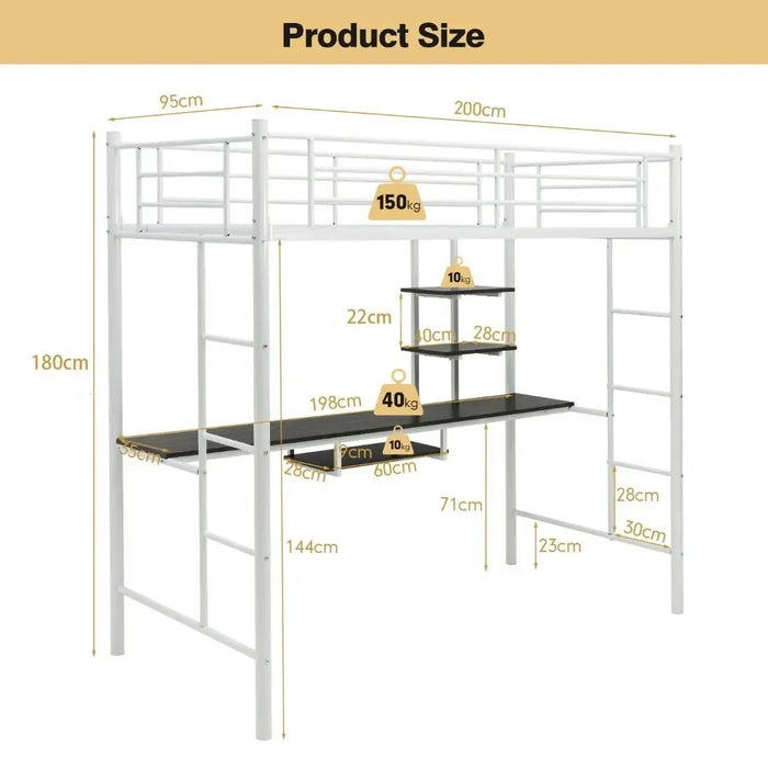 Metal Loft Bed with Desk and Shelves – White | Space-Saving High Sleeper Bed Frame COSTWAY - Little and Giant Explorers