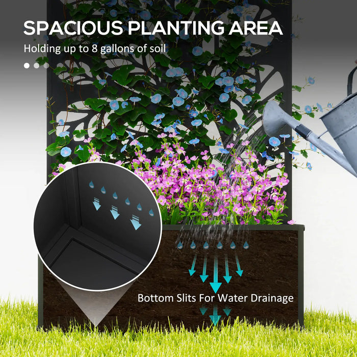 Metal Planter Box with Trellis | Black with Twig and Leaf Cut-Out Design - Little and Giant Explorers Outsunny