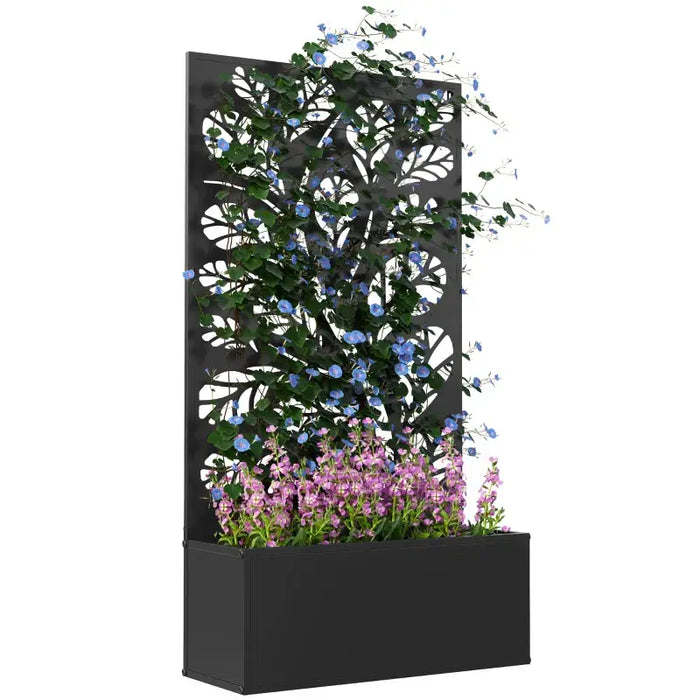 Metal Planter Box with Trellis | Black with Twig and Leaf Cut-Out Design - Little and Giant Explorers Outsunny