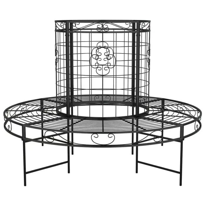 Black round metal tree bench with weather-resistant steel and decorative scrollwork design