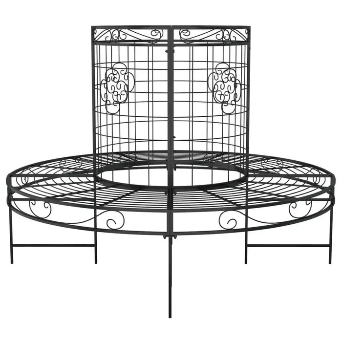 Black steel round tree bench with decorative wrap-around design, weather-resistant outdoor seating