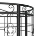 Black metal round tree bench with decorative scrollwork and weather-resistant steel