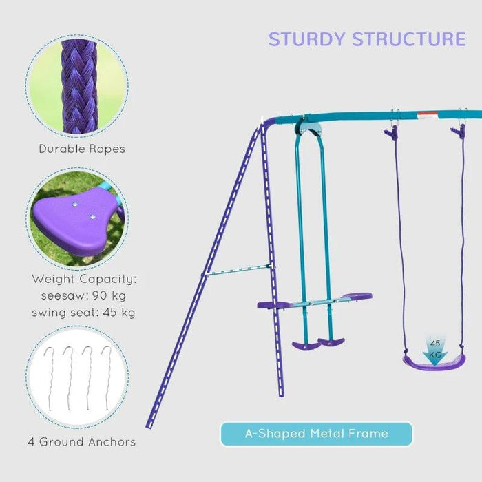 Metal Swing Set with Glider, Two Swing Seats and Adjustable Height - Little and Giant Explorers Outsunny