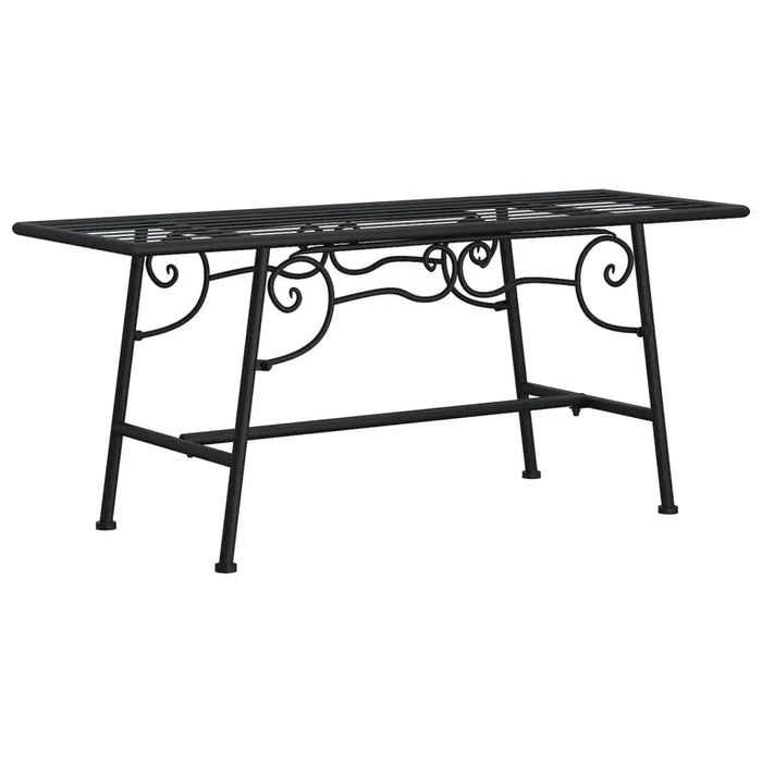 Black metal outdoor garden bench frame with decorative scrollwork design