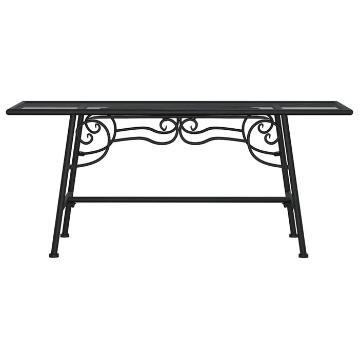 Black metal outdoor tree bench with circular design and decorative scrollwork