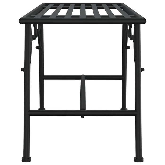 Black metal square outdoor table with slatted top and sturdy frame for garden use