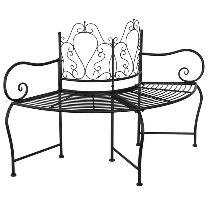 Black steel wrap-around metal tree bench with ornate scrollwork and weather-resistant design