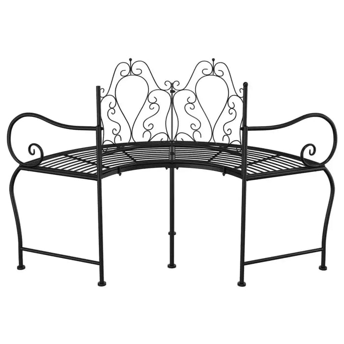 Black metal tree bench with curved wrap-around design and ornate steel backrest