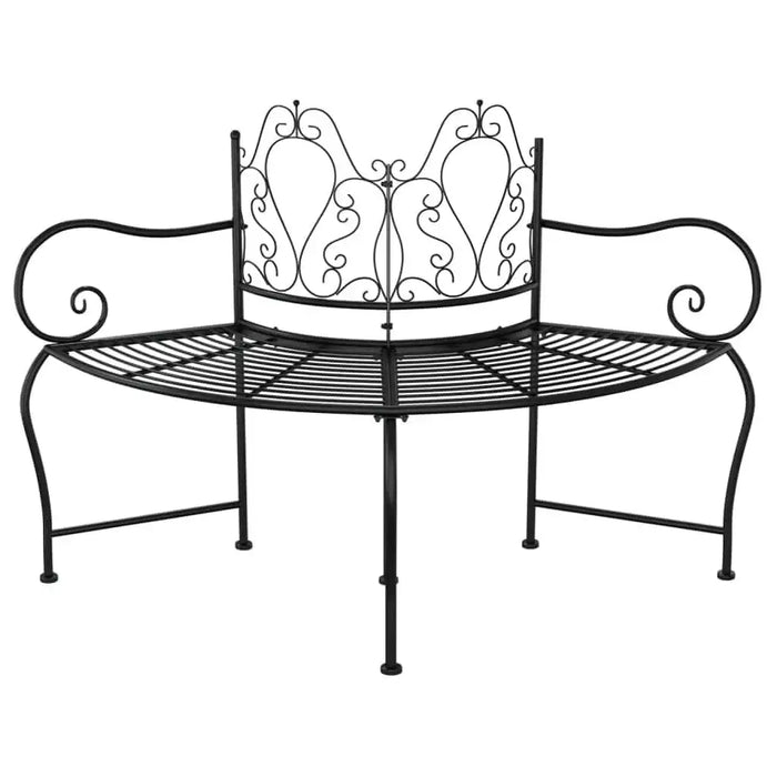 Black metal tree bench with weather-resistant wrap-around steel design and ornate backrest