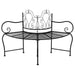 Black metal tree bench with weather-resistant wrap-around steel design and ornate backrest