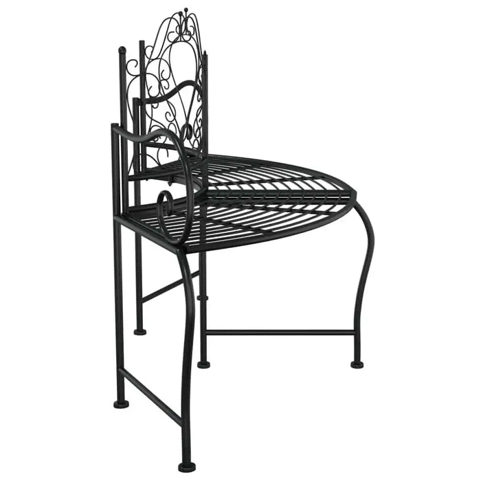 Black steel metal tree bench with decorative backrest and curved wrap-around design