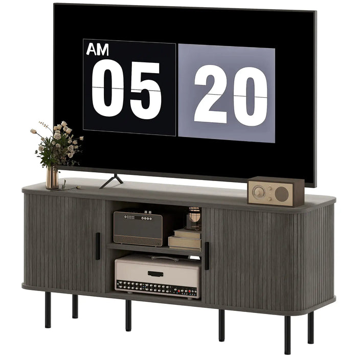 Mid-Century TV Stand – Oak and Black | 55 Inch TV Unit - Slatted Doors and Storage HOMCOM