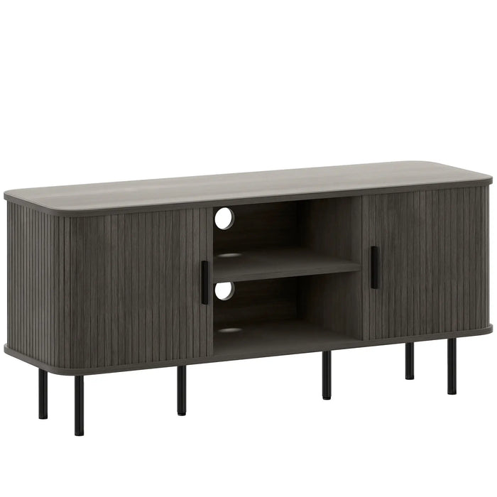 Mid-Century TV Stand – Oak and Black | 55 Inch TV Unit - Slatted Doors and Storage HOMCOM