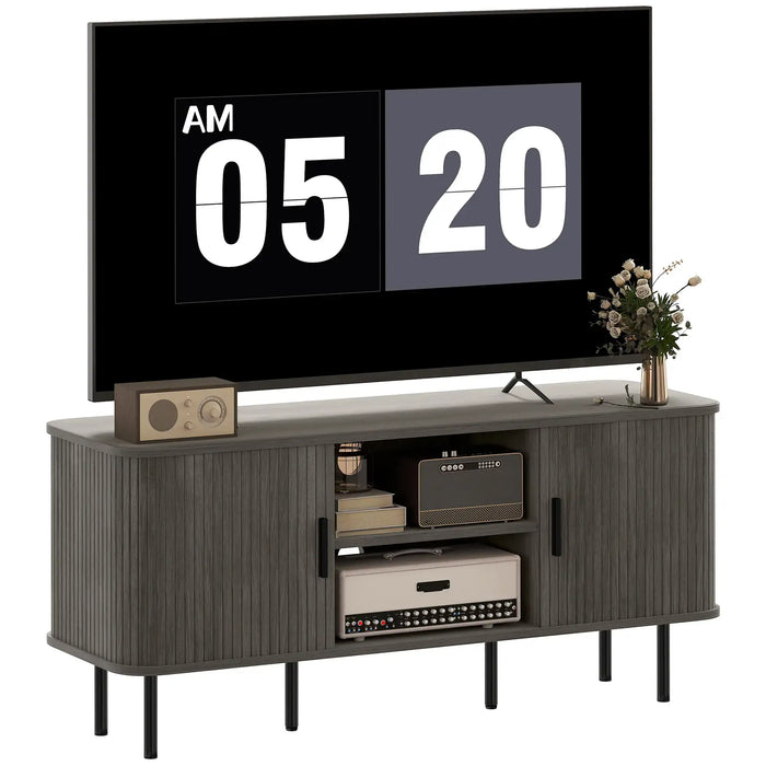 Mid-Century TV Stand – Oak and Black | 55 Inch TV Unit - Slatted Doors and Storage HOMCOM