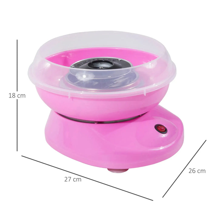 Pink cotton candy maker with dimensions on a white background