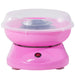 Pink cotton candy maker with a clear lid on a white background