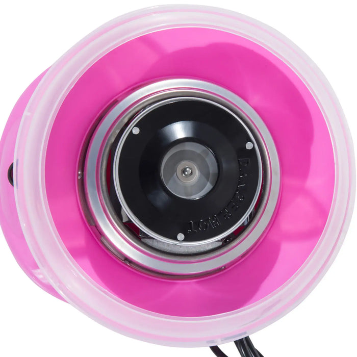 Close-up of a pink cotton candy machine with a clear lid on a white background