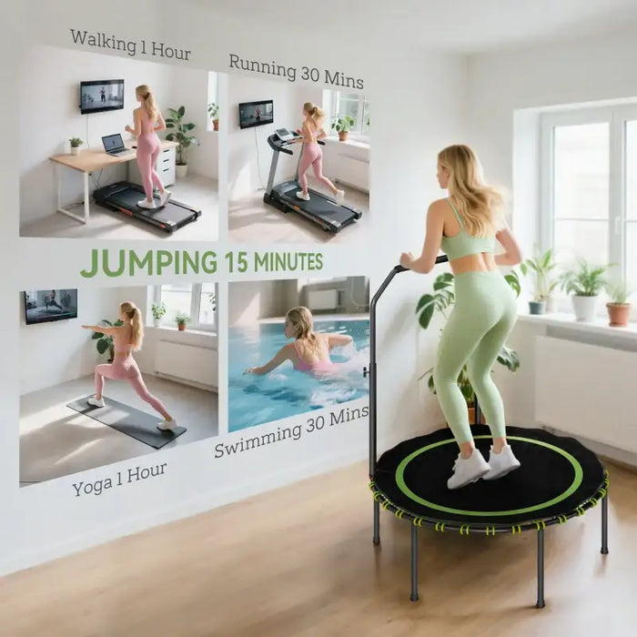 Mini Trampoline with Adjustable Handrail - Green | Foldable Bungee Rebounder SPORTNOW - Little and Giant Explorers SPORTNOW