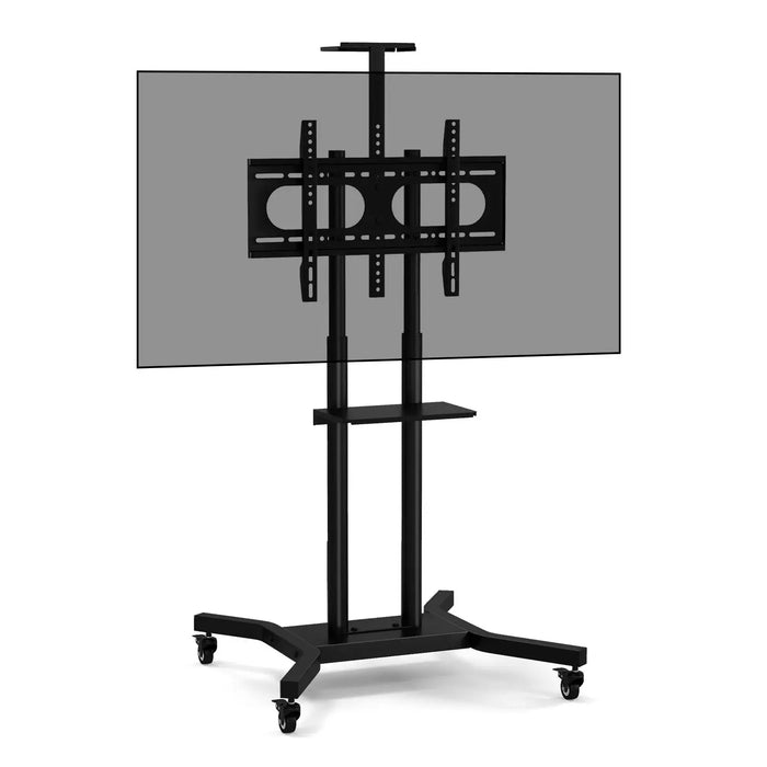 Black height-adjustable rolling TV stand with mount for 32-70 inch screens and a small shelf