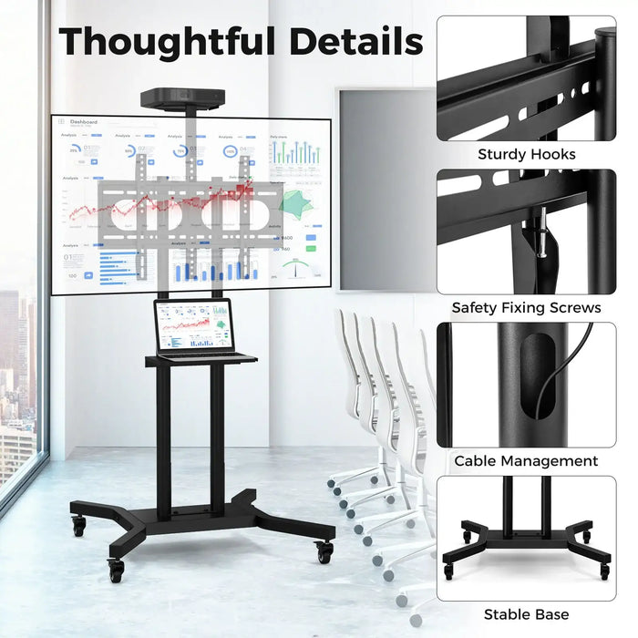 Black rolling TV stand with sturdy hooks, safety screws, cable management and stable base in modern office