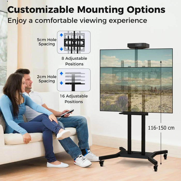 Man and woman sitting on sofa watching an adjustable height mobile TV stand with rolling casters in living room