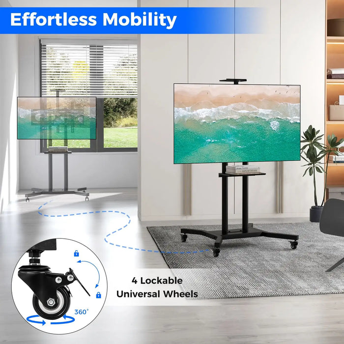 Height adjustable rolling TV cart for 32-70 inch screens with 4 lockable universal wheels in modern living room