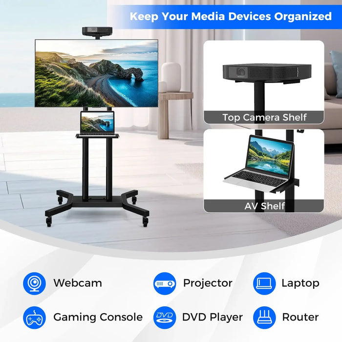 Black height-adjustable rolling TV stand with shelves for webcam, laptop, and media devices
