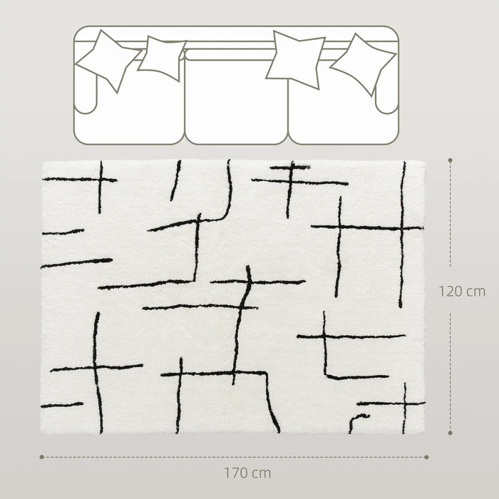 White rug with black abstract pattern and measurements on a light gray background