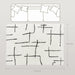 White rug with black abstract pattern and measurements on a light gray background